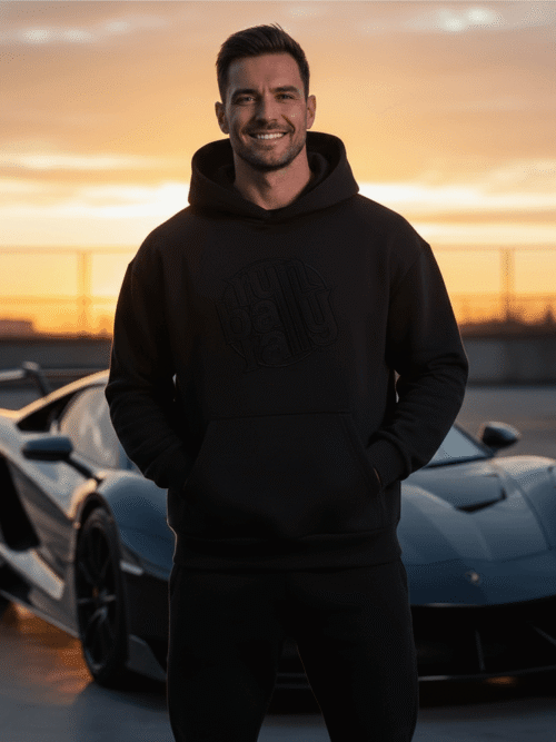 BLACK CAVIAR Runball Hoodie black-on-black rubberized logo front view