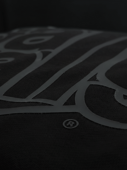 BLACK CAVIAR Runball Hoodie black-on-black rubberized logo front view